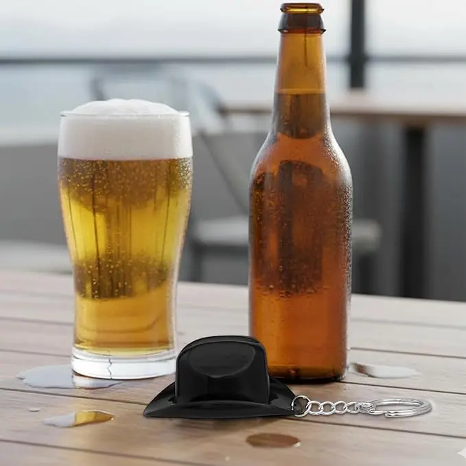 Black Cowboy Hat-Shaped Decorative Bottle Opener Keychain, Portable Bar Accessory, Fun Mini Gift for Beer Lovers, Home Party Supply