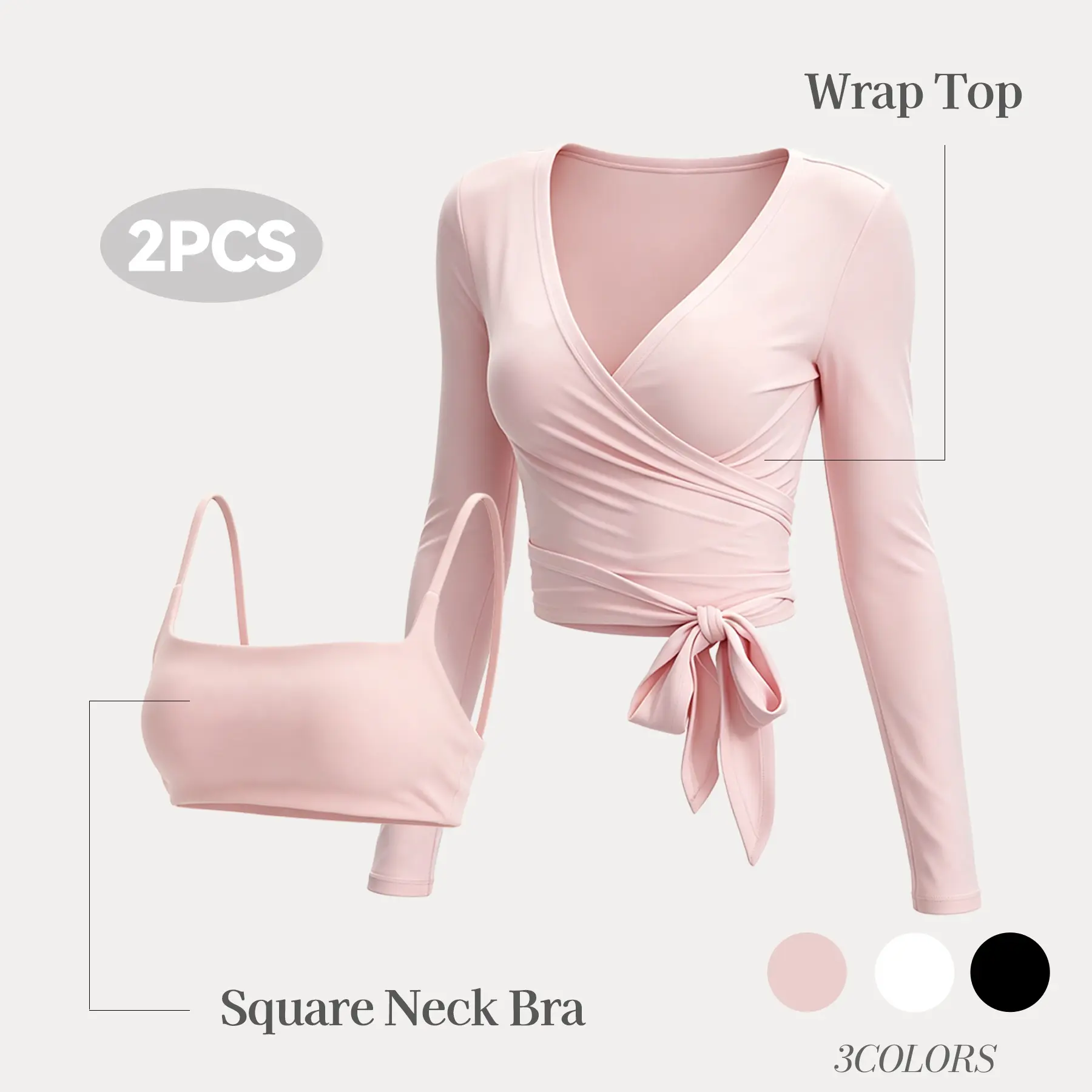 Women's 2-Piece Fitted Sports Activewear Set - Ribbed Knitting Long Sleeve Wrap Top & Square Neck Bra for Female Womens Fitness, All Seasons Yoga, Gym, Fitted Sportswear Set, Activewear Clothes, Multifunctional Sportswear, Athletic Stretchable