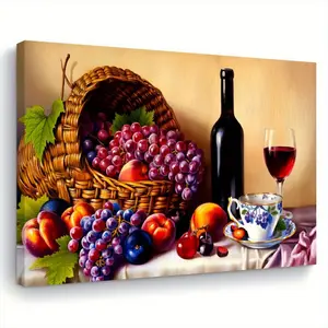 2D Flat 1 Piece Harvest: Grapes, Fruits, and Wine Still Life Canvas Art, Canvas Prints - Wooden Frame Wall Decoration, Ready to Hang in Living Room, Kitchen, Home Office - Kitchen Art, Decorative Wall, Wooden Frame, Wall Decoration