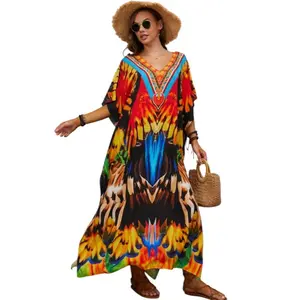 Women  Plus Size Mumu Dresses for Women - Boho Batwing Sleeve Caftan with Side Slits, Long Moo Moo Nightgown & Beach Cover Up - Colorful Feather Summer Womenswear