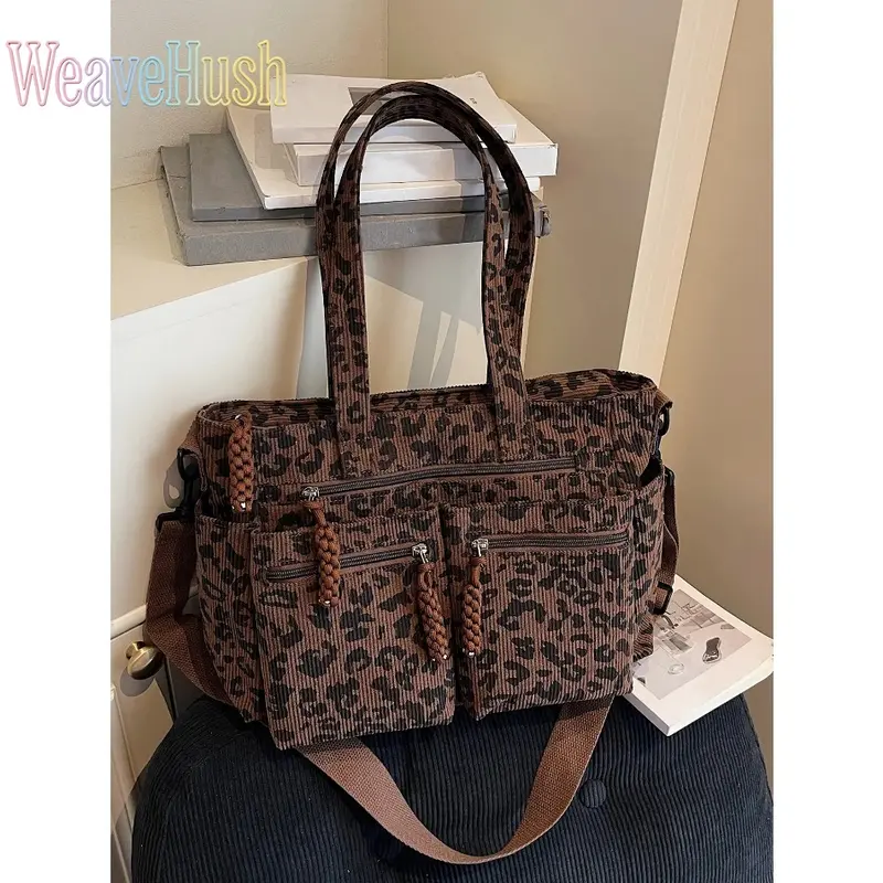 Leopard Print Woven Fabric Gym Shoulder Satchel - Fashionable Casual Bag, Chic Retro Niche Design, Double Zipper Textured Bag, Suitable for Daily Travel, Shopping (Sports & Outdoor Accessory), Fashionable Bag