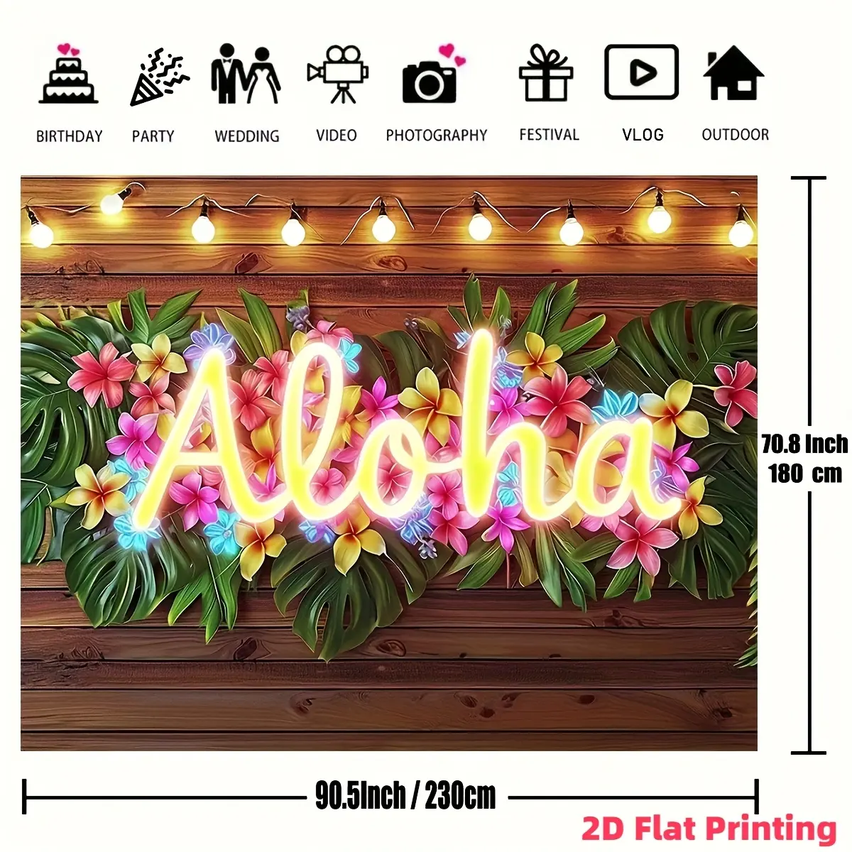 2D Flat, 1pc, 2D FLAT Printing Aloha Party Backdrop Summer Tropical Hawaii Beach Luau Photography Backdrop Birthday Banner Flowers Wooden Backdrop Photo Booth Shoot Props, 2D Flat