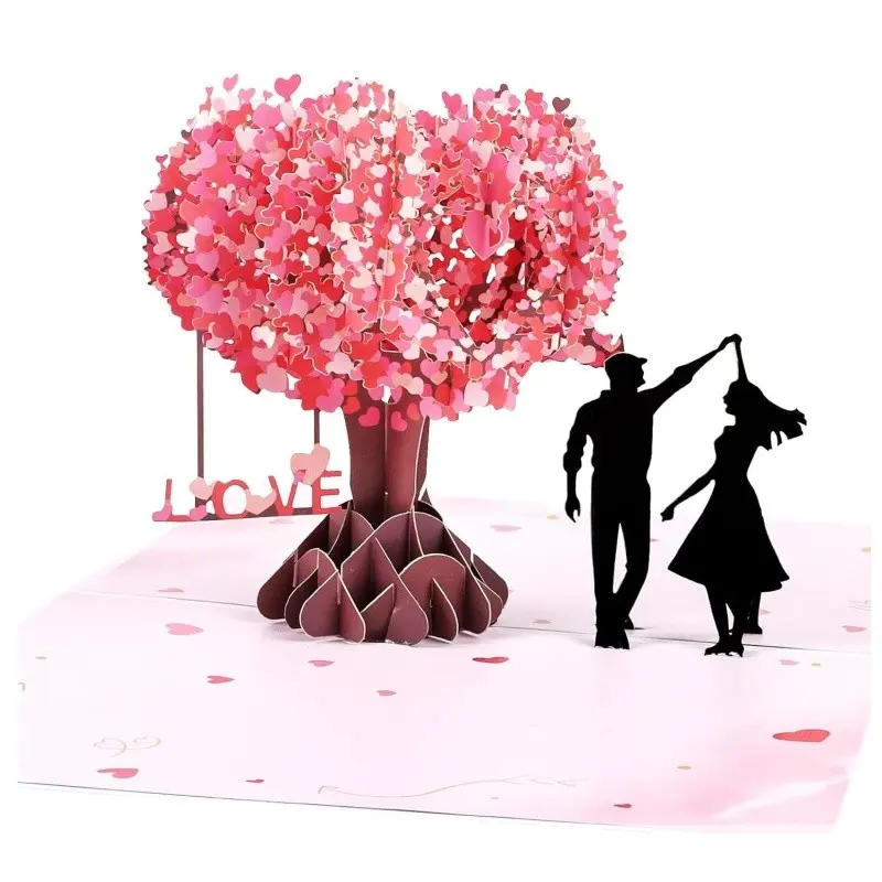 3D Romantic Bouncing Heart Tree Card, Greeting Card, Valentine's Day & Wedding Anniversary Gift, Personalized Name and Date, Fabric Material, Petals Leaves