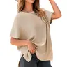 Shewin Women's Oversized Cotton Knit Sweater - Chic Soft New Year Knitwear, Casual Solid Pullover Top with Puff Short Sleeves, Round Neck, Side Slit for Work, Back-to-School,sohochic