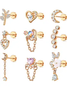 9 Pcs 16G Cartilage Earrings for Women 316L Stainless Steel Ear Piercing CZ Dangle Conch Helix Tragus Earrings Flat Back Earrings Screw Back Helix Piercing Jewellery Fashionable Jewelry, Stud Earring Jewelry
