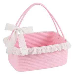 Basket with Long Handles, Large Woven Baskets for Gifts with Gift Bag, Ribbons and Lace, Cotton Rope Storage Basket for Birthdays, Baby Showers, Picnic, Wedding DIY Presents