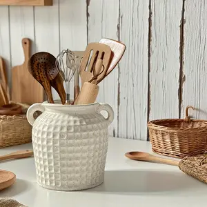 Retro-Style Double-Handled Ceramic Vase, Unique And Multifunctional, Ideal for Holding Cutlery And Flowers, Perfect for Decorating a Country-Style Kitchen, Dining Room, Or Living Room, Featuring Hydroponic Planting Design.