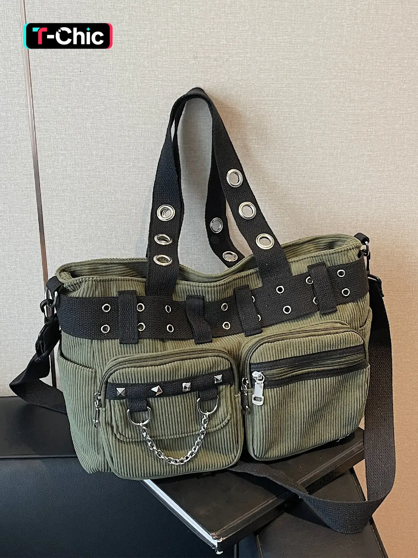 Punk Style Studded & Chain Decorated Crossbody Bag, Multi-pocket Shoulder Bag for Women, Casual Trendy Versatile High-quality Daily Commuting Bag, Fashionable Patterned Bag, Fashionable Crossbody Bag, Crossbody With Chain