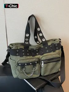 Punk Style Studded & Chain Decorated Crossbody Bag, Multi-pocket Shoulder Bag for Women, Casual Trendy Versatile High-quality Daily Commuting Bag, Fashionable Crossbody Bag