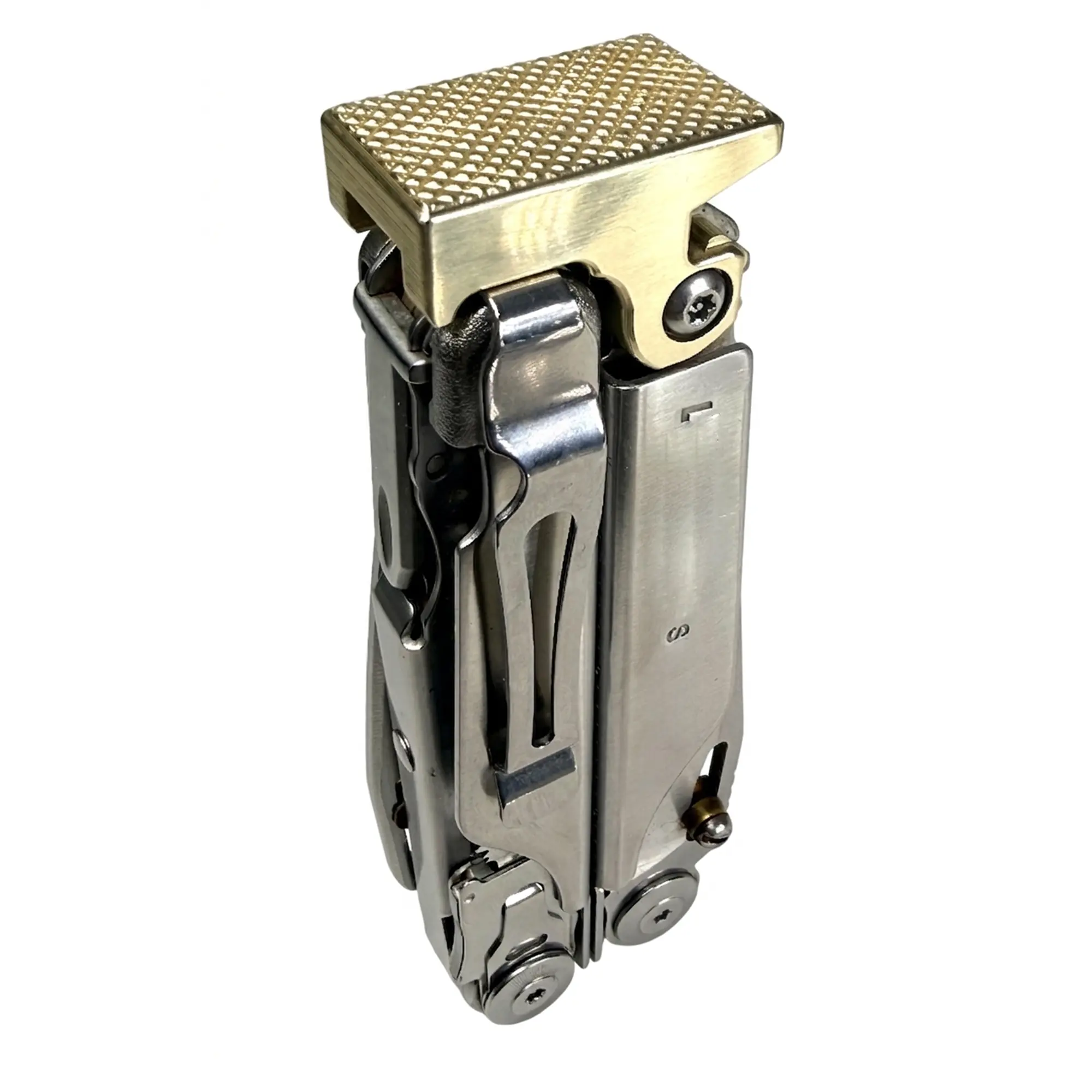Leather,Man,Surge,Multitool,BRASS Hammer Head Mod, Modification, CNC Made, Locking,Camping,Hiking, Locks Closed Open, EDC Upgrade, Made in the USA