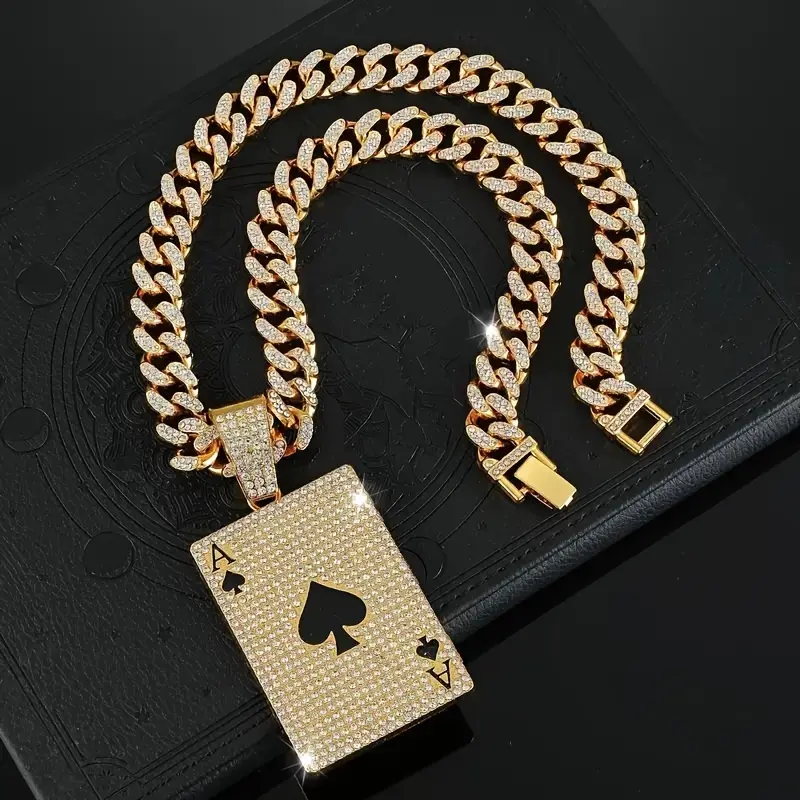 Male Ace Card Pendant Necklace - Gold-Plated Synthetic Copper-Zinc Alloy Cuban Link Chain, Casual Elegant Gift for Boyfriend