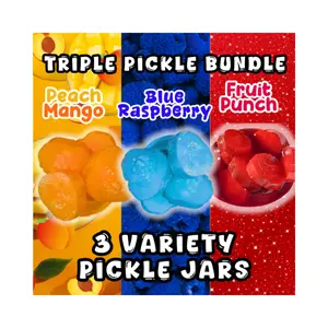 Triple Pickle Bundle - 3 Variety Pack Jars - Peach Mango, Blue Raspberry, Fruit Punch - Sweet Tangy Snack - Premium Ingredients - Ideal for On-the-Go or Home Enjoyment