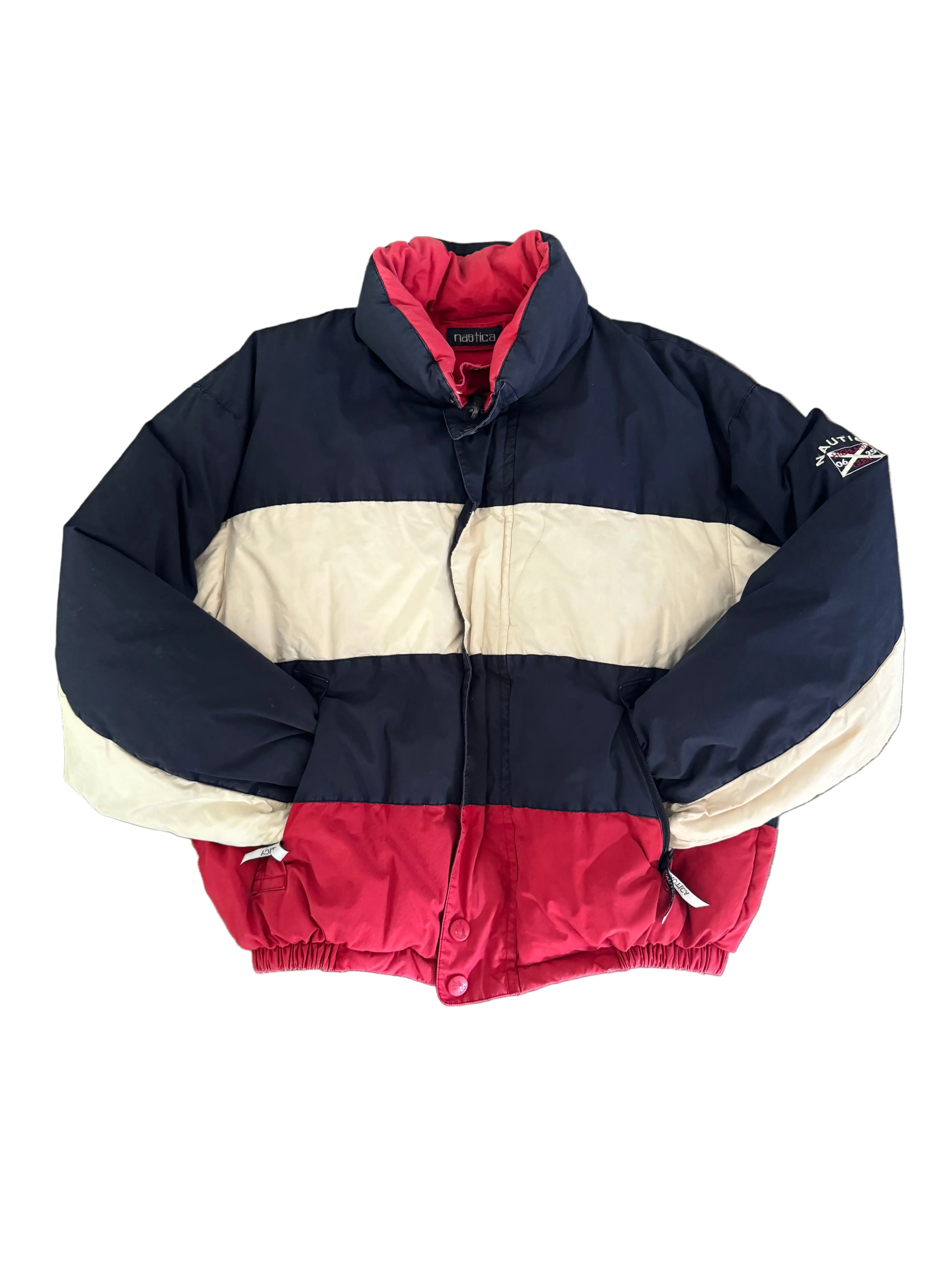 Nautica Goose Down Puffer Jacket – Navy, Cream & Red Colorblock | Vintage 90s