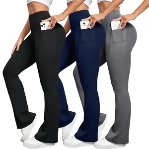 Bootcut Yoga Pants With Pockets For Women Solid Flare Pants High Waist Workout Pants Tummy Control Leggings Workout Breathable Sport Flared Trousers