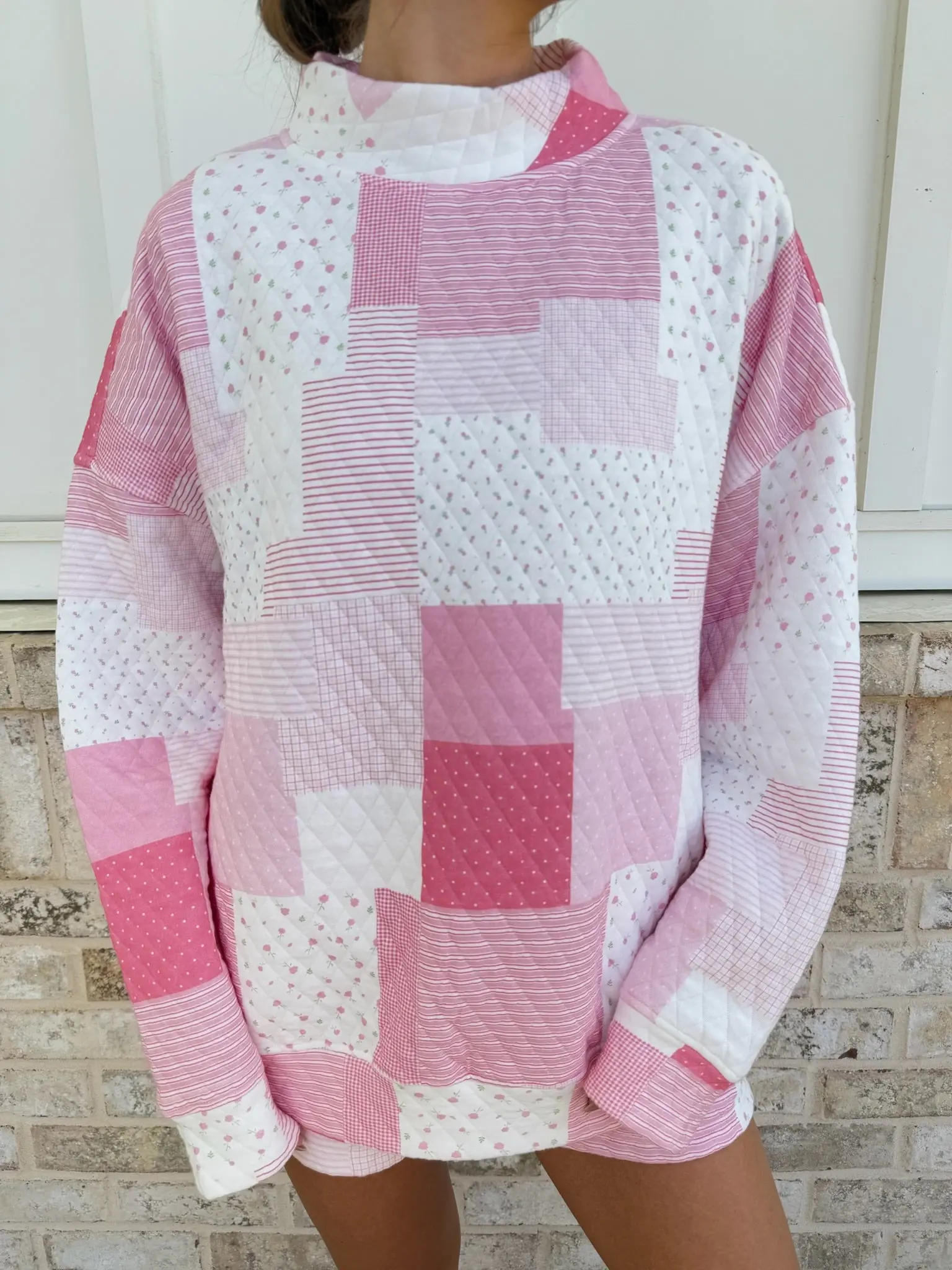 Margo Quilted Patchwork Mockneck Sweatshirt Margo Quilted Patchwork Mockneck Sweatshirt