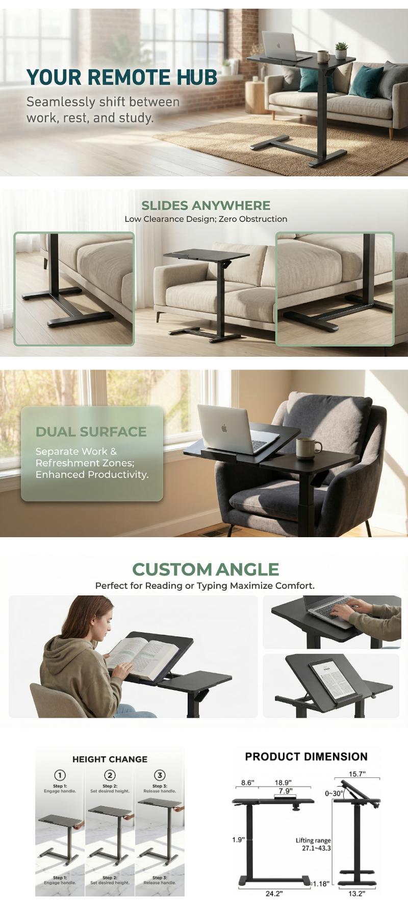 Pneumatic Overbed Table with Wheels, Height Adjustable Mobile Laptop Desk, Tilting Split Top Bedside Stand for Sofa, Hospital, Home Use (Black)