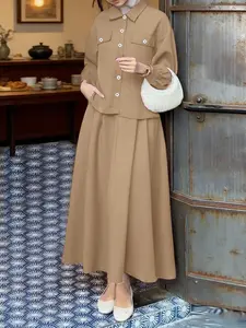 Women's Casual Solid Color Set, Shirt Collar Long Sleeve Buttoned Blouse, Pleated Half Skirt Design, Perfect for Daily Commute and Travel, Two Piece Set Women, Outfit Sets Women