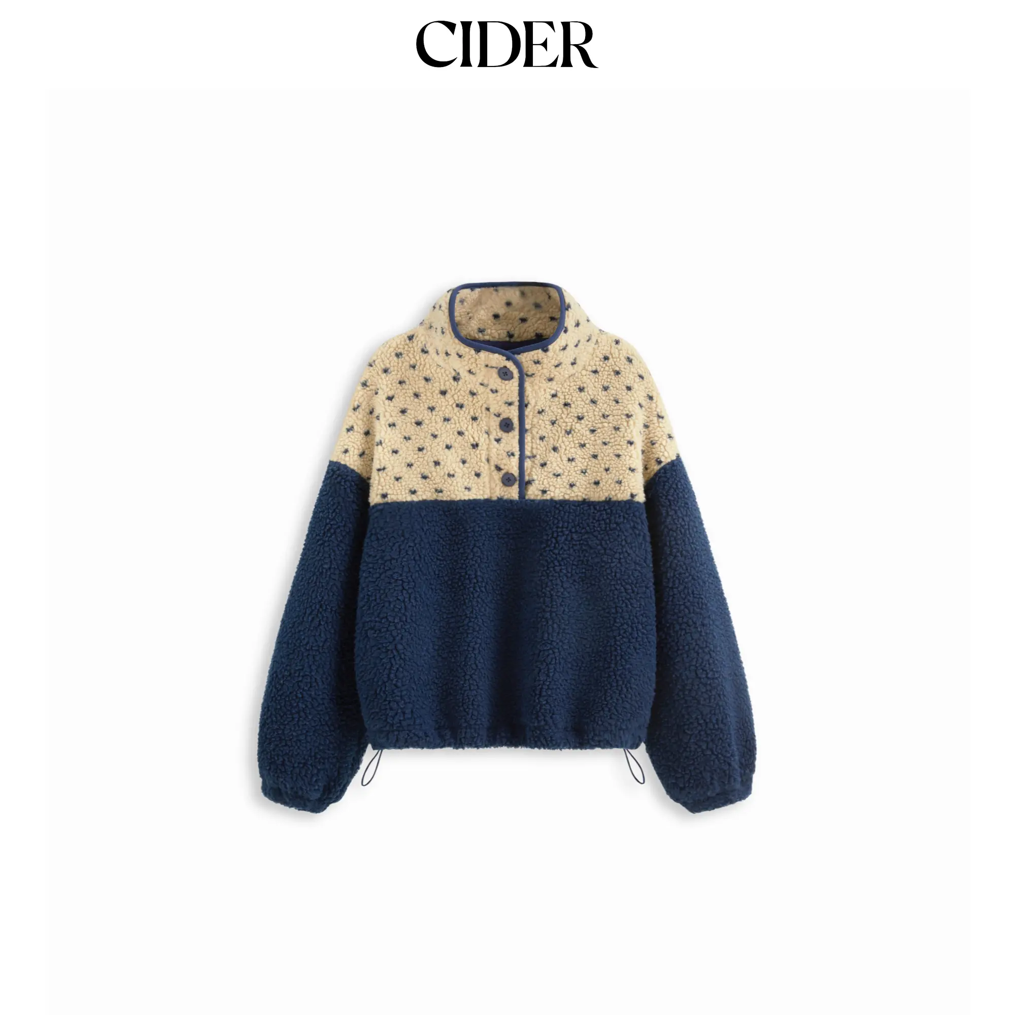 Cider Fleece Stand Collar Two Tone Patchy Drawstring Oversized Sweatshirt