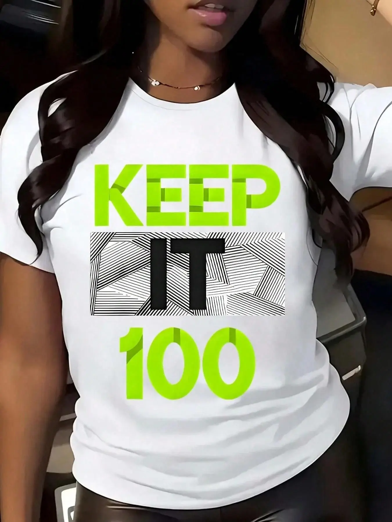 Women's Keep It 100 Graphic T-Shirt - Neon Green Text With Bold Design - Casual Crewneck Tee For Everyday Wear