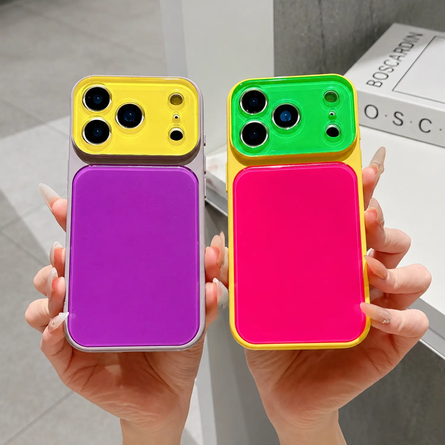 Vibrant Color Block Glossy Phone Case for iPhone 17 16 15 14 Pro Max, Glossy Acrylic Back Case, Shockproof Protective Cover, Hard Back Case for Women Girls