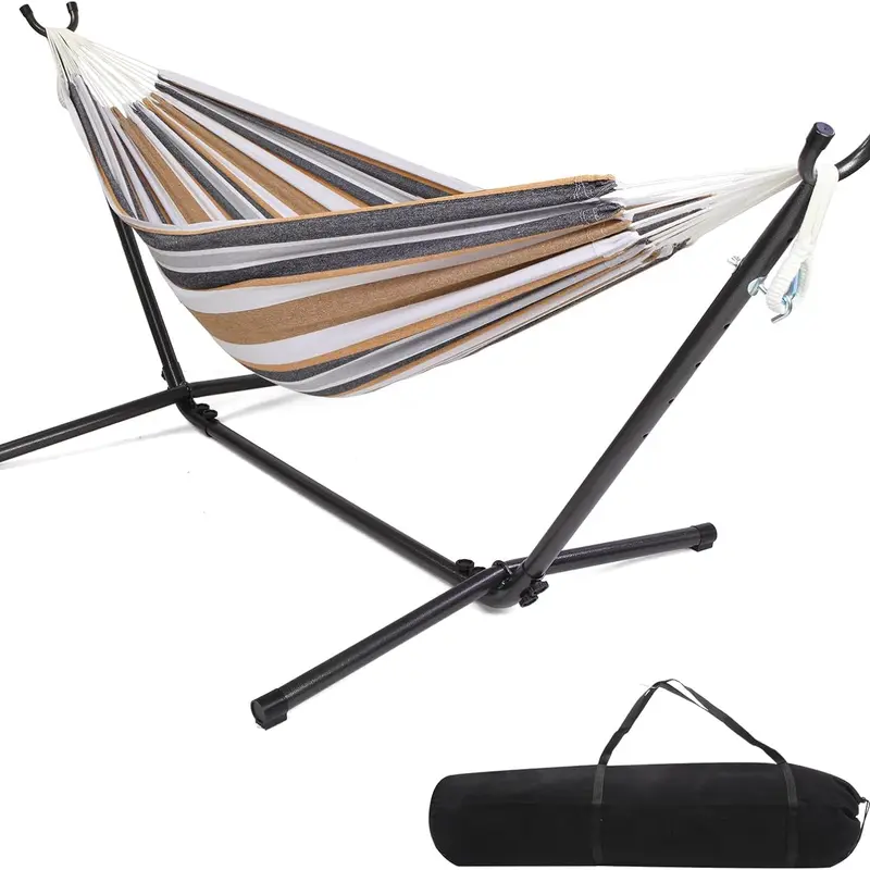 VINGLI Durable 2-Person Cotton Double Hammock with Stand, 110" x 43" x 41" Frame, 110" Side Span, 60x80 in Hammock, Bag-Packable Compact Carrying Bag, 330 LBS Capacity, Easy Assembly, Adult Indoor-Outdoor Patio Furniture (Christmas Gift Option)