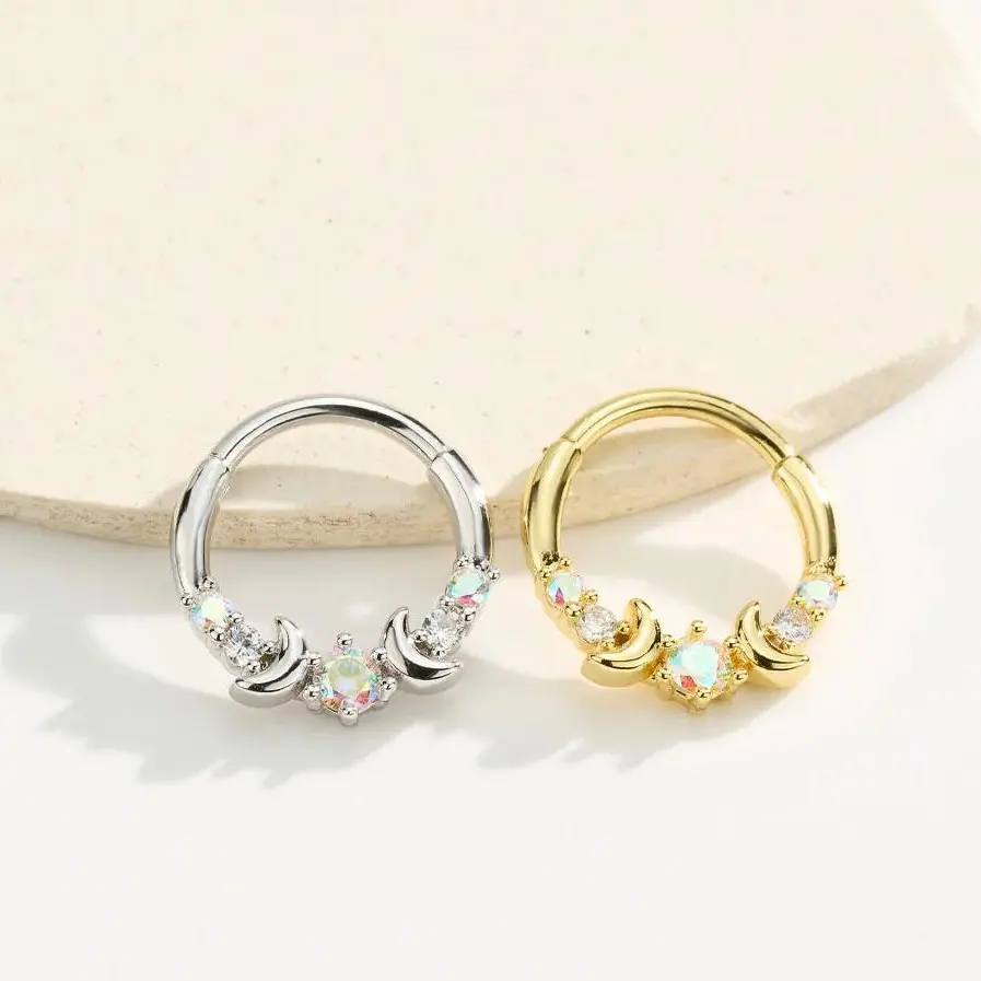 OUFER 16G Moonphase AB CZ Segment Septum Ring, 10mm Inner Diameter, Nose Piercing Accessory, Body-Safe Dainty Non-Tarnish Body Jewelry, Body-Safe Piercing Jewelry