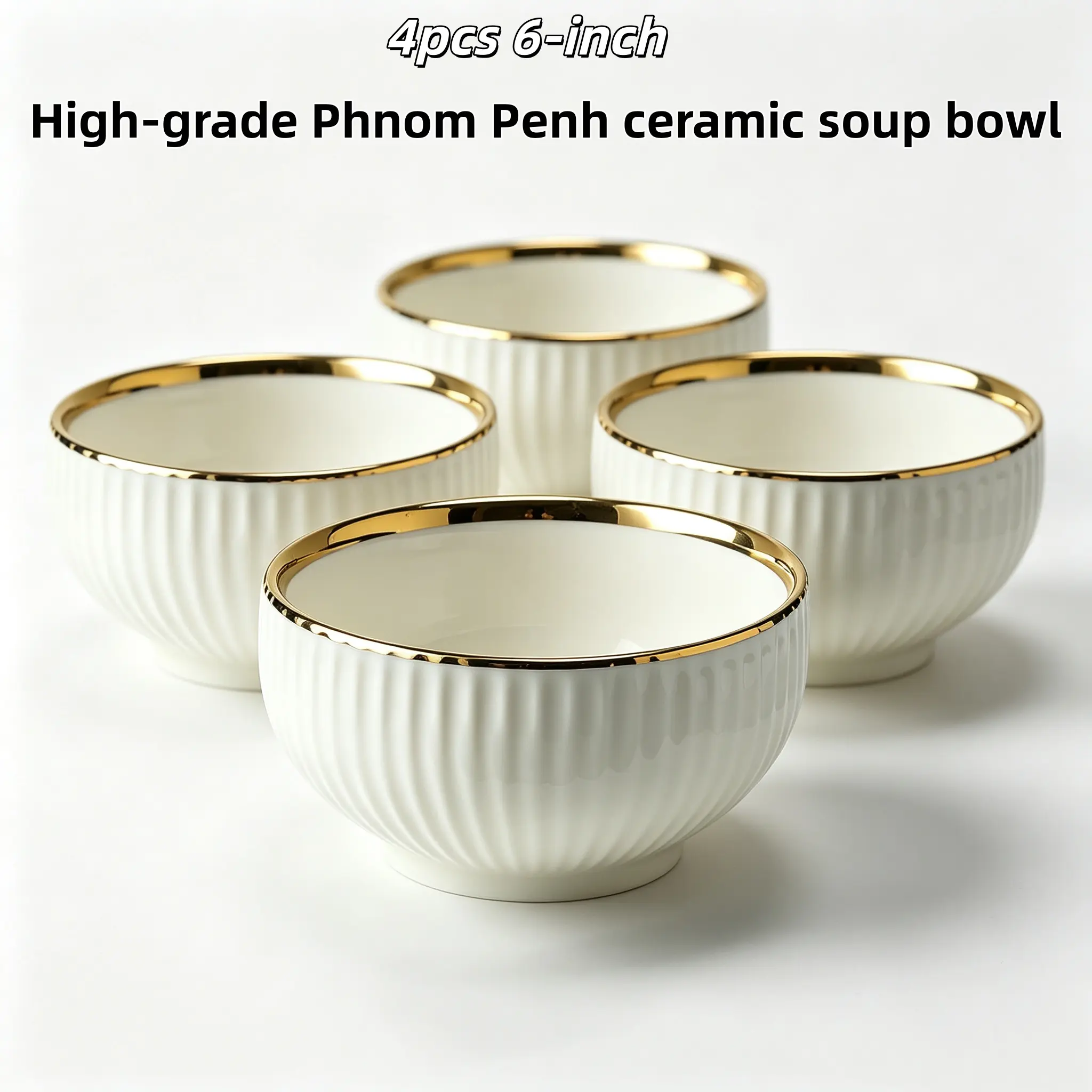 Adult 4-Pack 5.5in Thick Gold Rim Classic Striped Porcelain Bowl Set, Vertical Textured White Tableware, Lead-Free Microwave Dishwasher Freezer Safe Stackable Round Bowls for Oatmeal, Daily Family Dining, Stripes