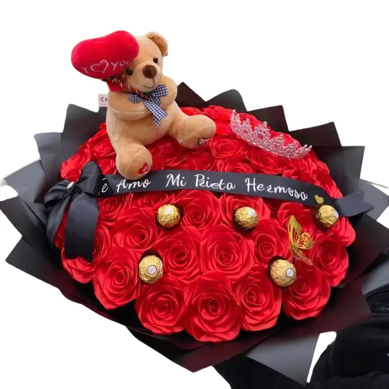 50-Count Red Floral Rose Bouquet Set - Custom Ribbon, Plushies, Ferrero Rocher - Romantic Anniversary Office & Personal Gift Set