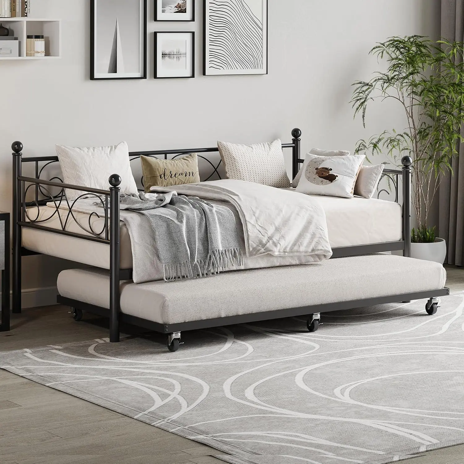Gaomon Black Twin Size Sturdy Platform Metal Daybed Sofa with Elegant Floral Headboard, Wheeled Pull-Out Trundle, Heavy-Duty Steel Slats, 350lbs Support - Sturdy Platform Storage Bed for Living Room, Guest Room