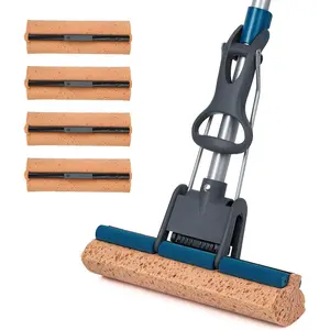 Sponge Mop for Floor Cleaning, 50" Heavy Duty Roller Mop with 4 Cellulose Refill Heads, Easy Self-Squeeze for Hardwood Tile Concrete, Wall Ceiling