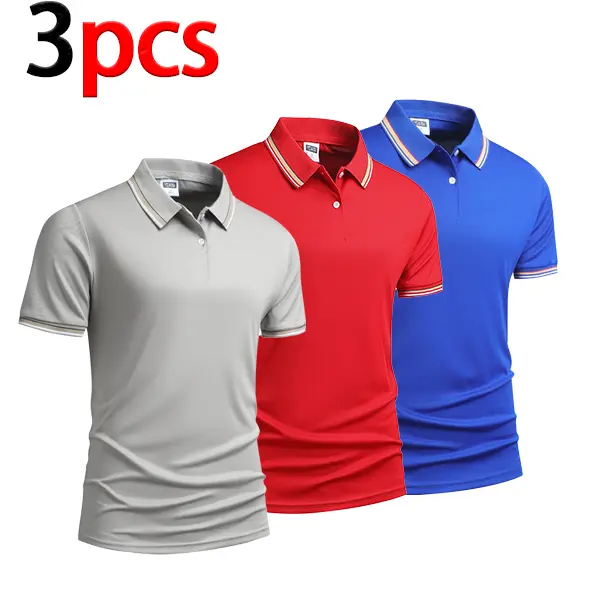 Men's 3-Pack Classic Short-Sleeve Button Polo Shirts, Regular Fit, Stylish Plain Athletic Design, Breathable Soft Moisture-Wicking Lightweight Fabric, Business Casual Tops for Business Occasions, Button Closure