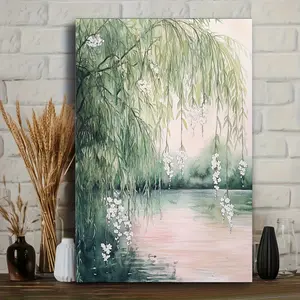 Watercolor willow tree canvas art print, pine wood wrapped frame, tranquil green willow tree and white flowers, wall hanging decor for living room, bedroom or office Photo Colorful Ornaments Decoration Artistic poster