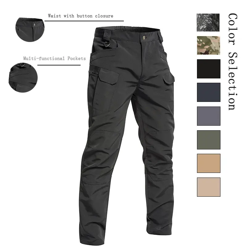 Men’s lightweight, stretchy tactical cargo pants, 100% polyester fabric, buttoned waist cincher, multi-functional practical pockets, suitable for outdoor hunting, camping, and work settings; long pants. Please order according to the size chart.