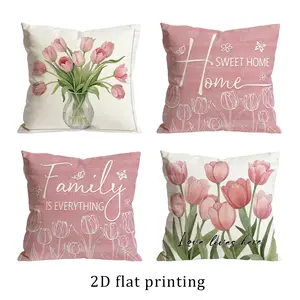 Watercolor Spring Tulip Decorative Throw Pillow Covers Set of 4, Flower Botanical Porch Outdoor Pillowcase, Family is Everything Sofa Couch Cushion Case Home Decor Home Textile 0202YD