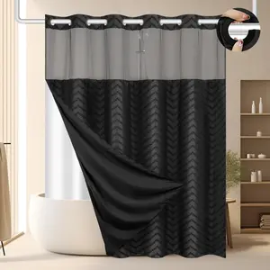 Black Multicolor Hookless Shower Curtain with Snap-In Liner, Tufted Cotton Fabric, Waterproof & Washable, Removable White Outer Layer, Boho Style with See-Through Mesh Top Window, for Bathroom & Hotel, 71 × 74 in