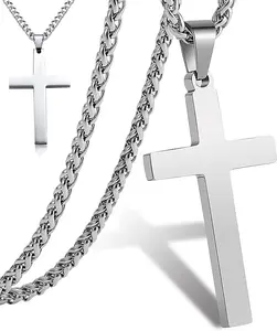 Fashion Elegance Cross Pendant Necklace Plated Stainless Steel Simple Big Cross Pendant Necklaces Large Dainty Christian Cross Necklace for Men & Women Metal Coating