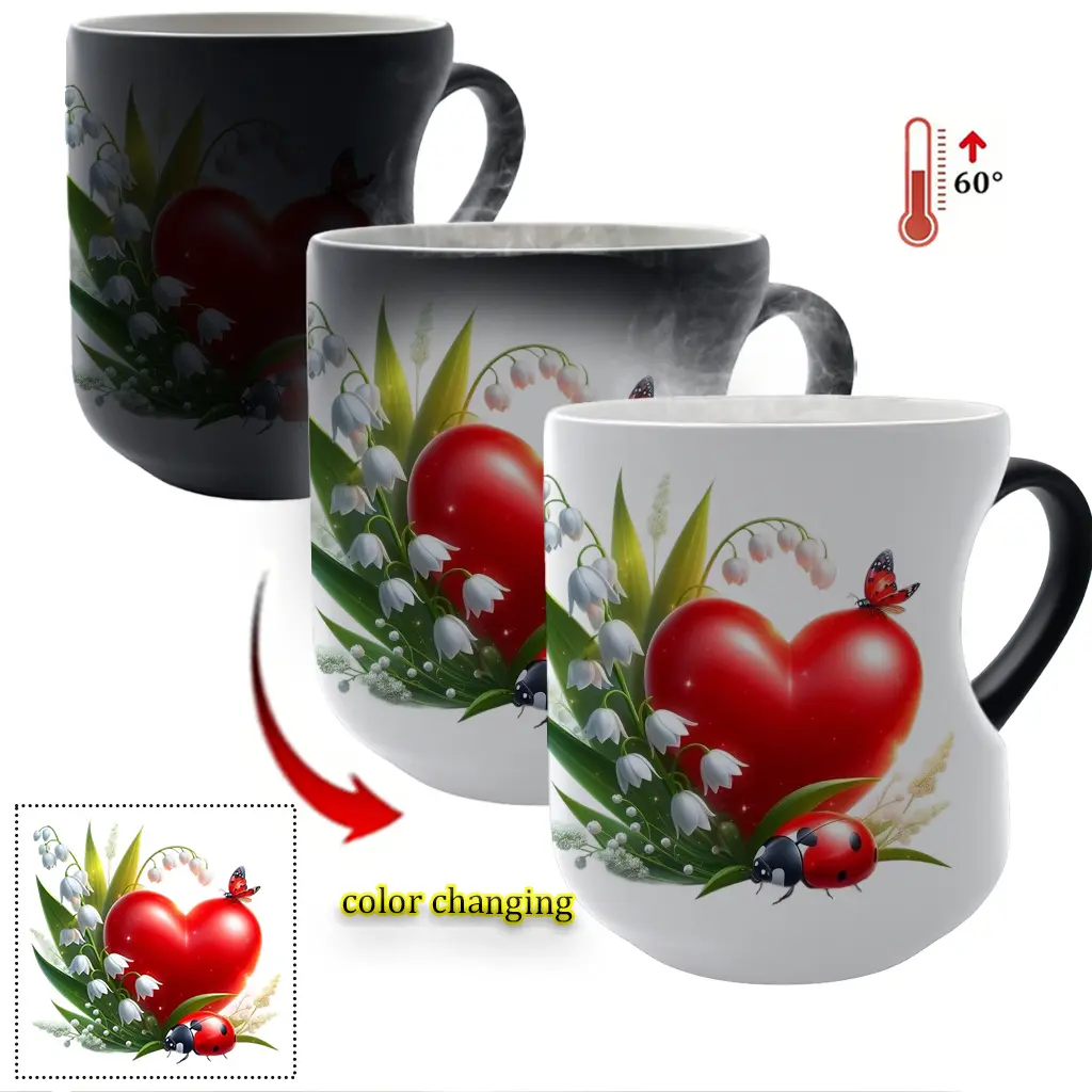 Love Blossoms: Heartfelt Ceramic Mug - Perfect for Every Occasion Thermosensitive Ceramic Mug, Magic Color - Changing mug Heart - Handle Mug, Beverage Mug, 11 oz/330 ml, Christmas gift for friends, lovers and mothers