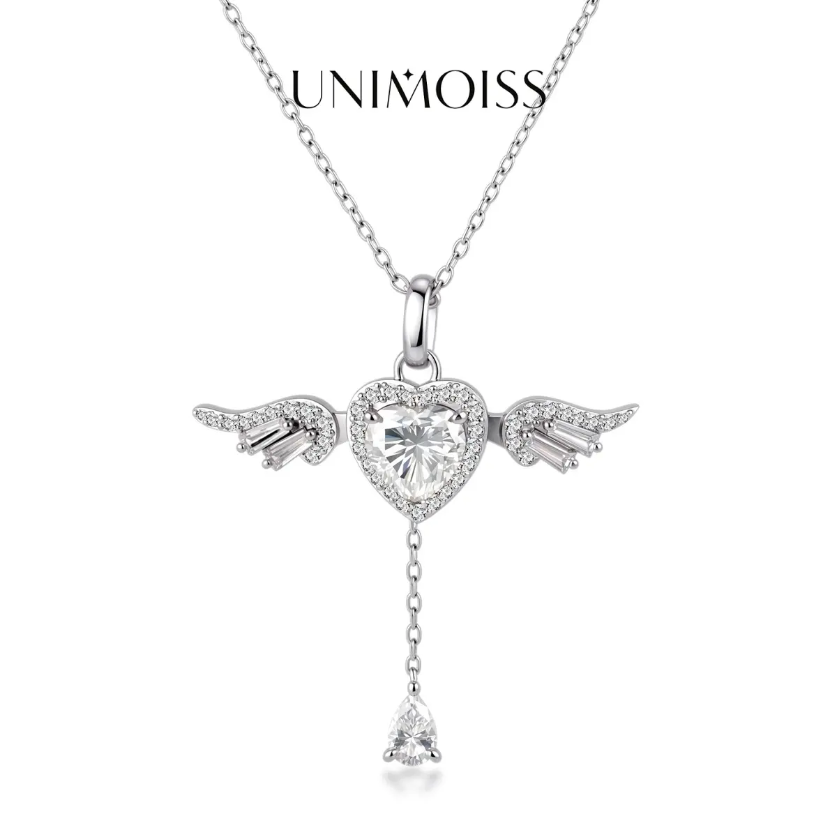 UniMoiss VVS Moissanite 2ct Angel Wing Heart Pendant Necklace, Silver-Plated Copper Base Wing Necklace for Adults, All Seasons Birthday Engagement Gift Daily Wear Costume Jewelry, Valentine's Day