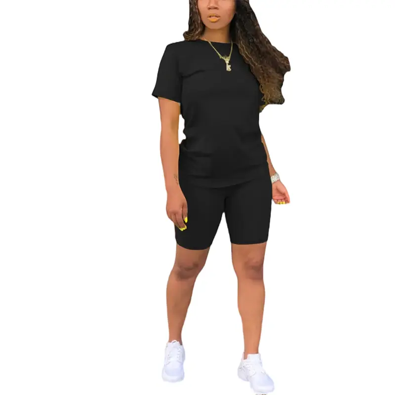 Women's Solid Two-Piece Set – Casual Round Neck Tee & Skinny Shorts, Perfect for Summer Comfortable & Stylish for Outdoor Activities or Workouts summervibes' outfits