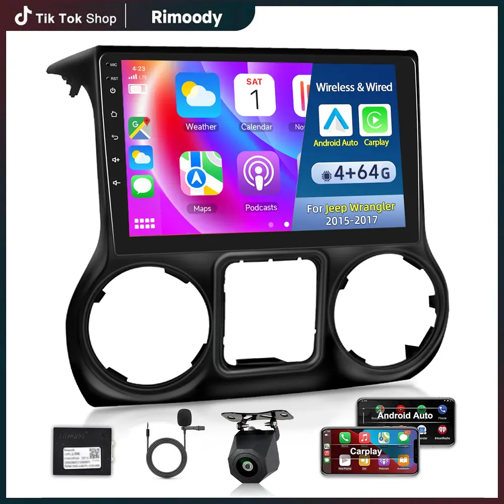 Rimoody 4GB RAM 64GB 10.2in IPS Touchscreen Android 15 Car Radio for Jeep Wrangler 2015-2017 - Wireless CarPlay, Android Auto, GPS Navigation, Bluetooth, FM Radio, Rear View Camera Compatible, SWC Steering Control, Built-in WiFi (Father's Day Gift)