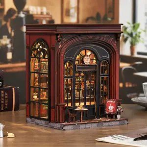 【Warmglow Coffee】Wooden Book Nook DIY Model Kit for Adults tiny builds home Vintage Abstract Renaissance Style Hand-Assembled Booklet Toy House 3D Puzzle Wooden Shelf Decoration, Miniature coffee shop Dollhouse Kit Victorian Style Birthday Gift