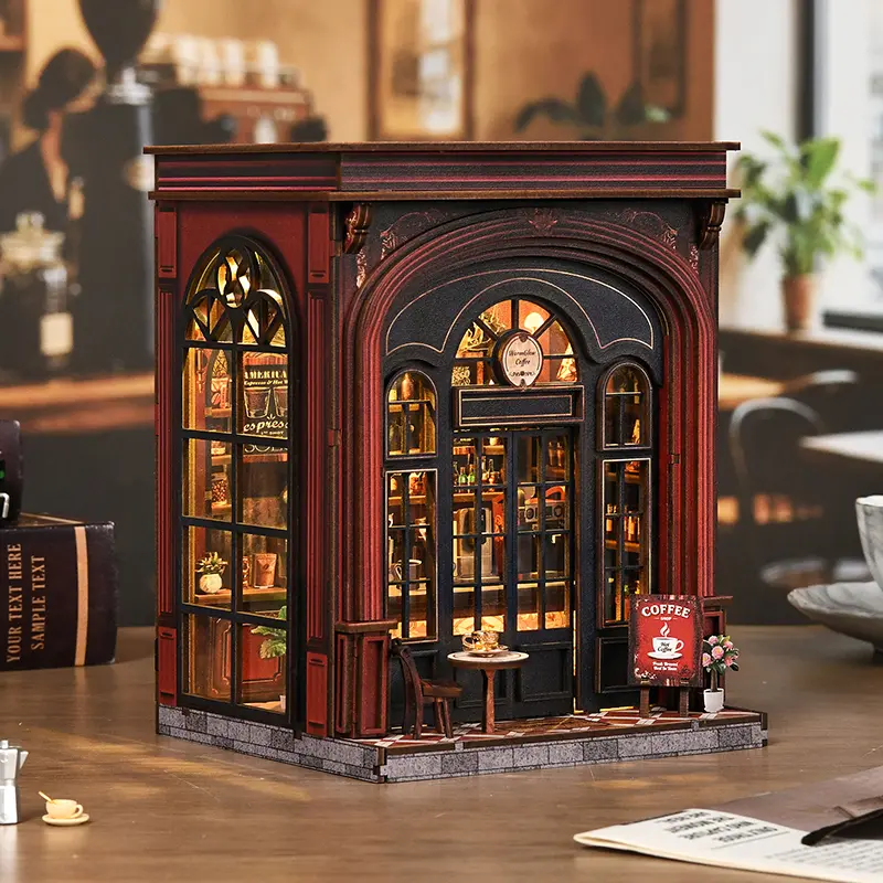 Warmglow Coffee Book Nook DIY Model Building Kit - Vintage Style 3D Wooden Puzzle, Hand-Assembled Renaissance Café Miniature Dollhouse, Craft Ideas Wood Projects Open Ended Play Collectible House Decoration, Unisex Adult Book Lover Birthday Gift