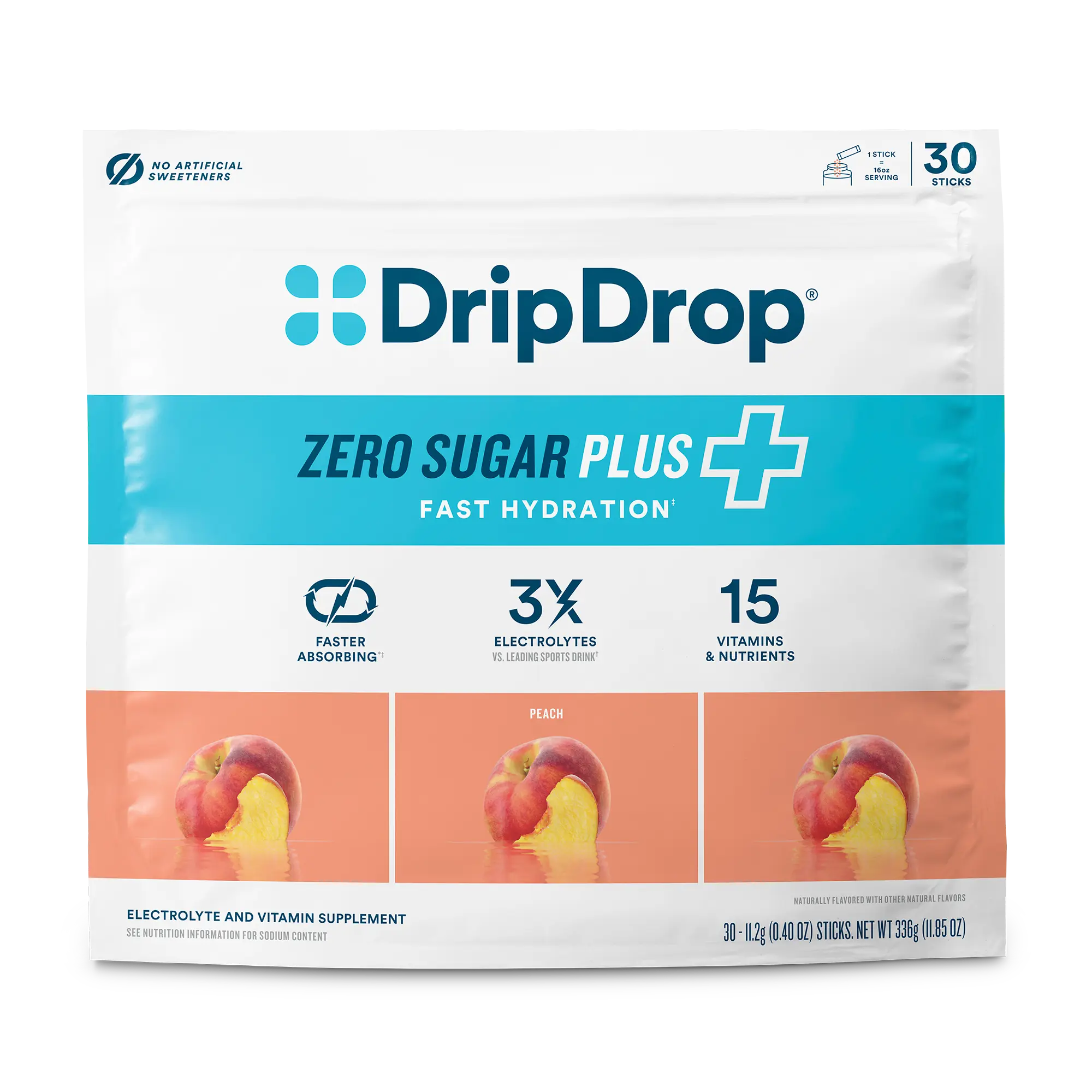 DripDrop Zero Sugar Plus, Peach, 16 oz sticks, 30 count DripDrop Zero Sugar Plus, Peach, 16 oz sticks, 30 count