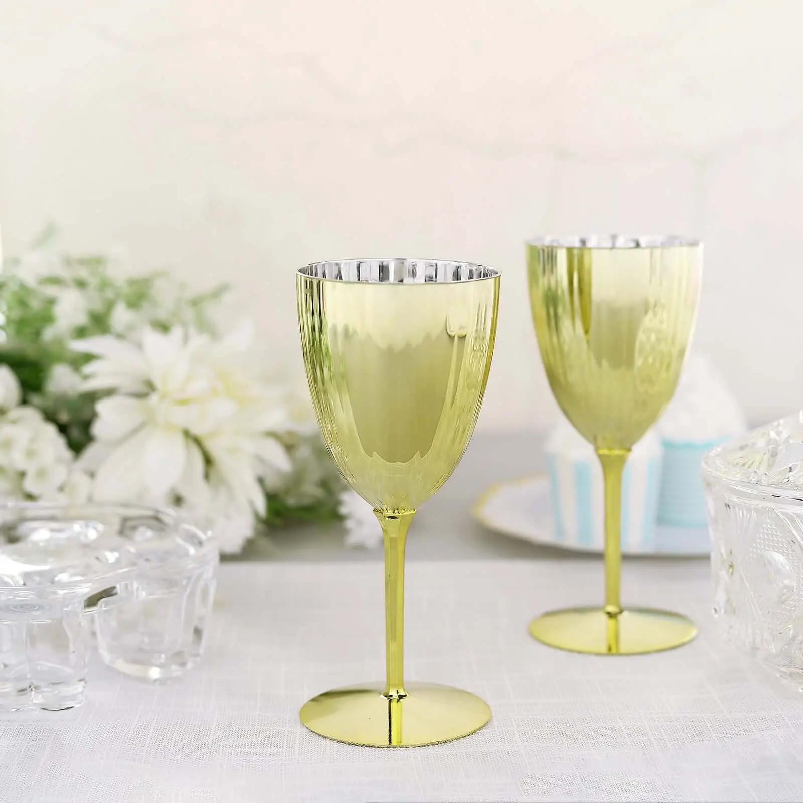 8oz Metallic Gold Plastic Wine Glasses - 6-Pack Classy Disposable Glassware Drinkware for Parties, Receptions