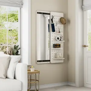 Wall Mounted Full Length Mirror, Full Body Mirror with Shelf & Hook Wall Mounted Mirror with Multifunctional Design Panel, Bedroom/Living Room/Entrance(47.6*15.7in)