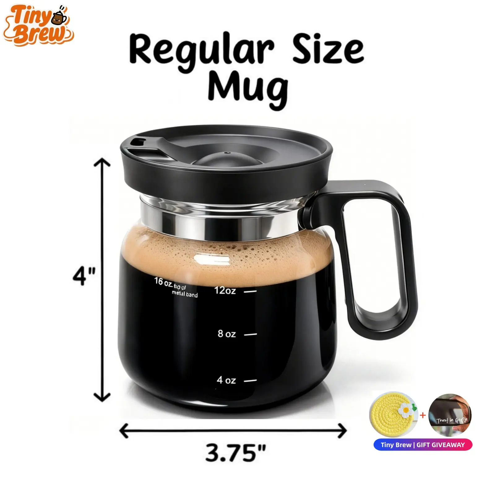 Tiny Brew Coffee Mug with Lid 16oz Glass Creative Cup, Coffee Lovers' Top Choice, Dimensions: 4.9inches tall, 3.8 inches wide, Includes Coaster, Ergonomic Handle Design, a little surprise for your loved one,deals for you,mid year sale