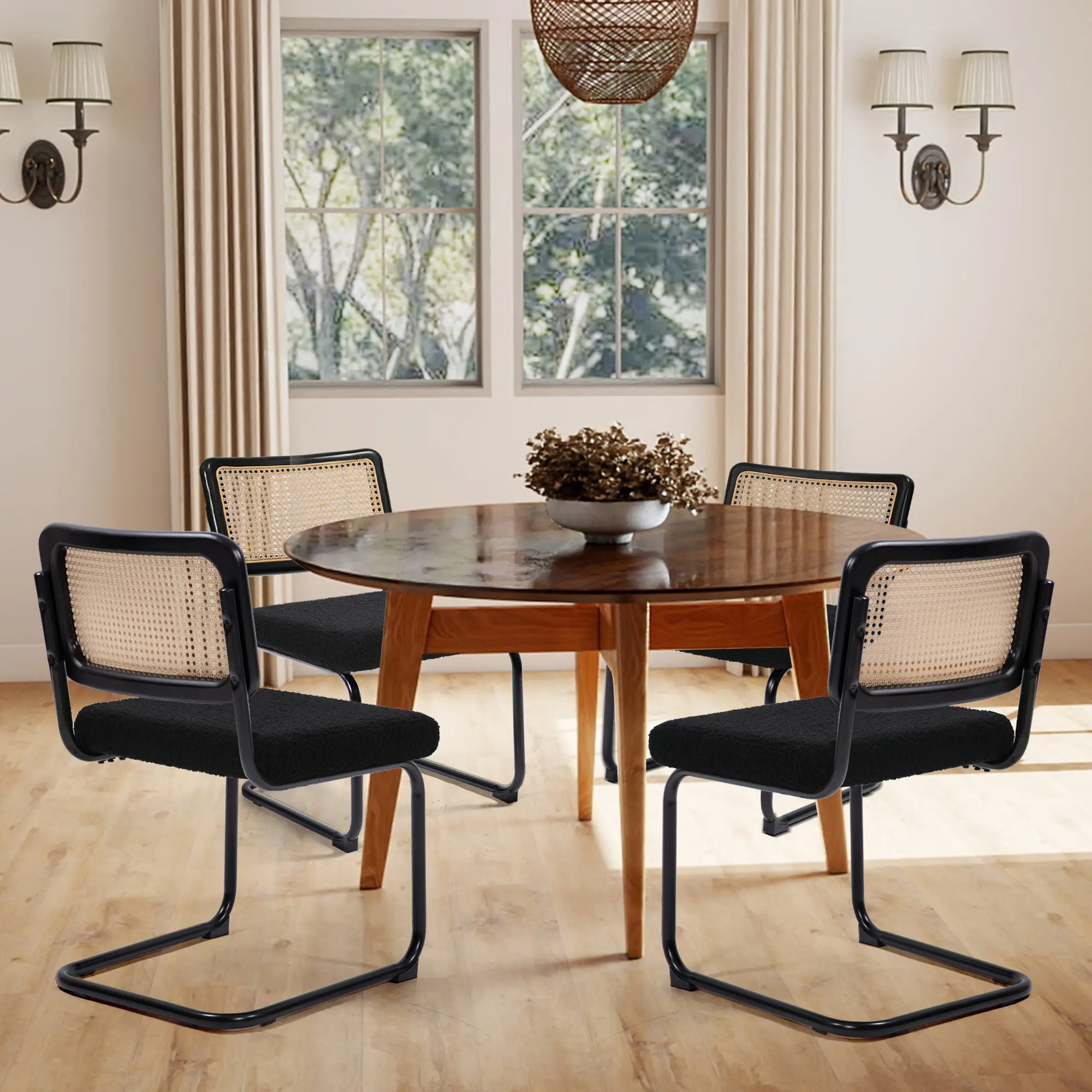 Set of 2 Modern Rattan Dining Chairs, Handwoven Rattan Cane Back,  Chrome Base, Upholstered Boucle Seat, for Dining Room , Kitchen Versatile Home Furniture tiktokshopspringglowup summerwins