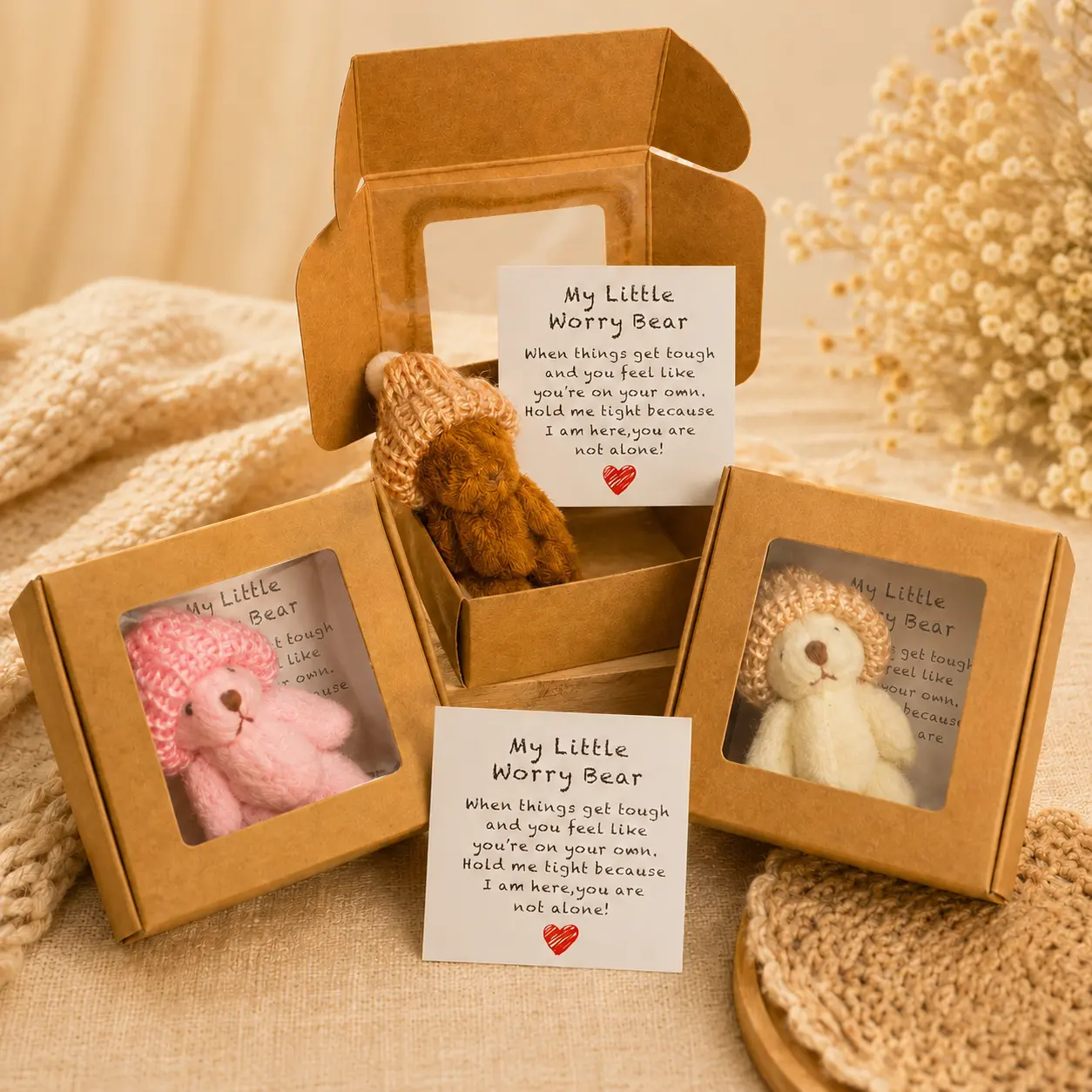 Little Bear in Box, 1 Set Mini Plush Bear with Inspirational Card, Sympathy Gift for Christmas& Valentine's Day & Mother's Day, Personalized Gift, Gift ldea, Crochet Gift Soft Stuffed Animals