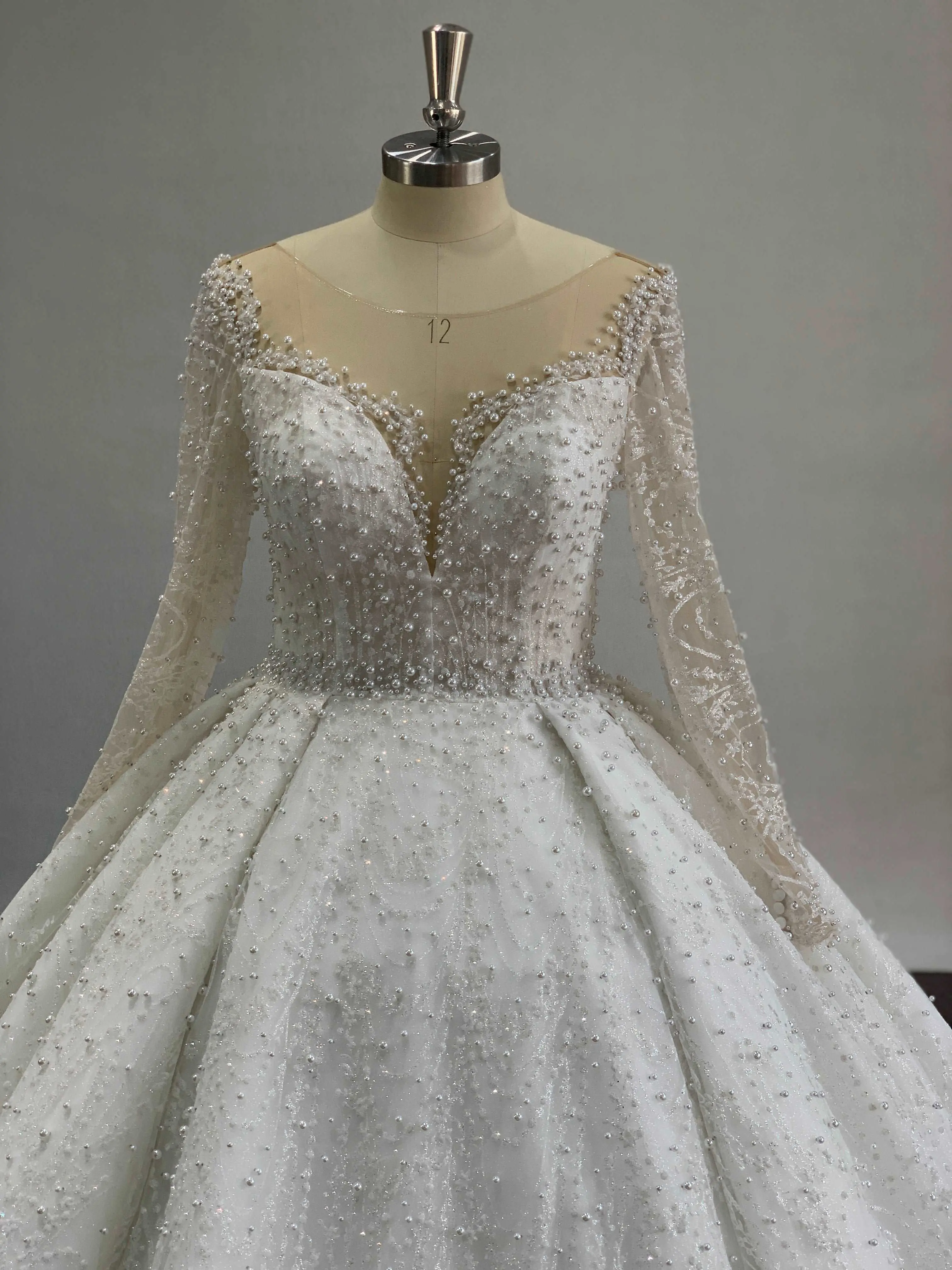 Wedding Gown, Plus Size Romantic Ball Gown with Sheer Long Sleeves, Light Beaded Glitter Tulle, and a Lace-Up Back, Skirt, Pleated