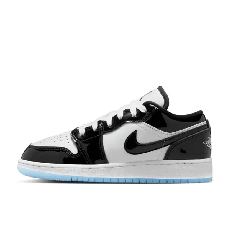 NIKE Air Jordan 1 Low SE Concord, Youth/Women's Low Top Sneakers in Glossy Patent Leather with Cushioned Midsole & Translucent Icy Outsole, Casual, Glossy Black Patent Overlays, Trendy Trainers, Classic